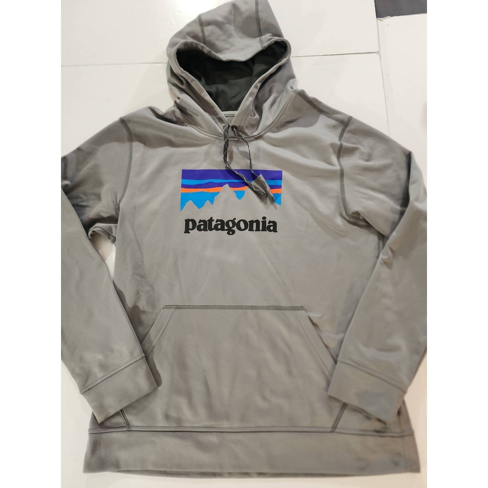 Patagonia Polycycle Hoodie Mens Large Gray Shop Sticker Logo Pullover Fleece L